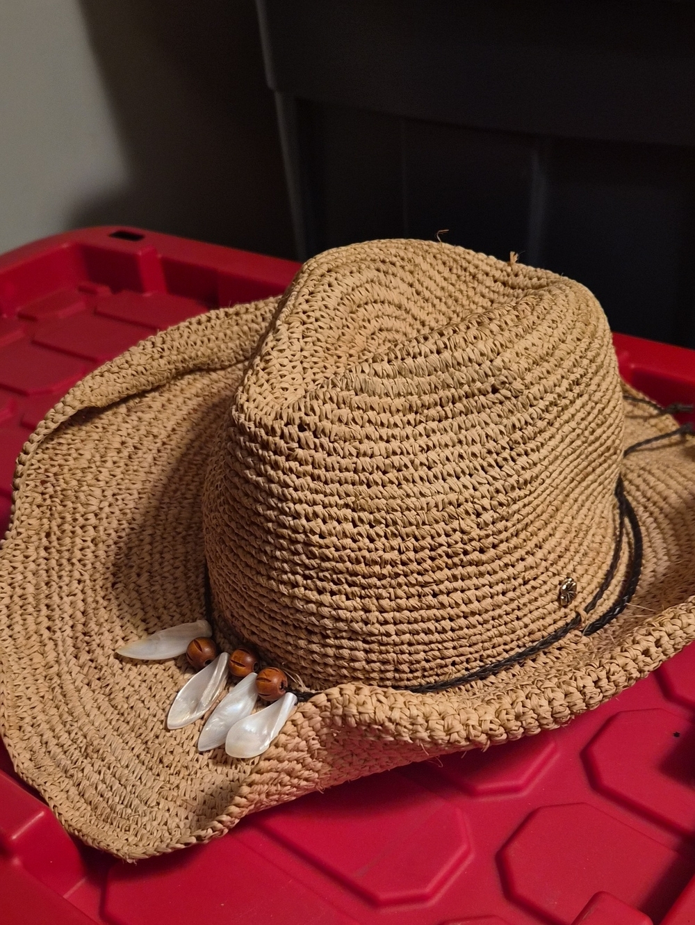 Flora Bella Woven Straw Sun Hat with shell and bead leather strapTie